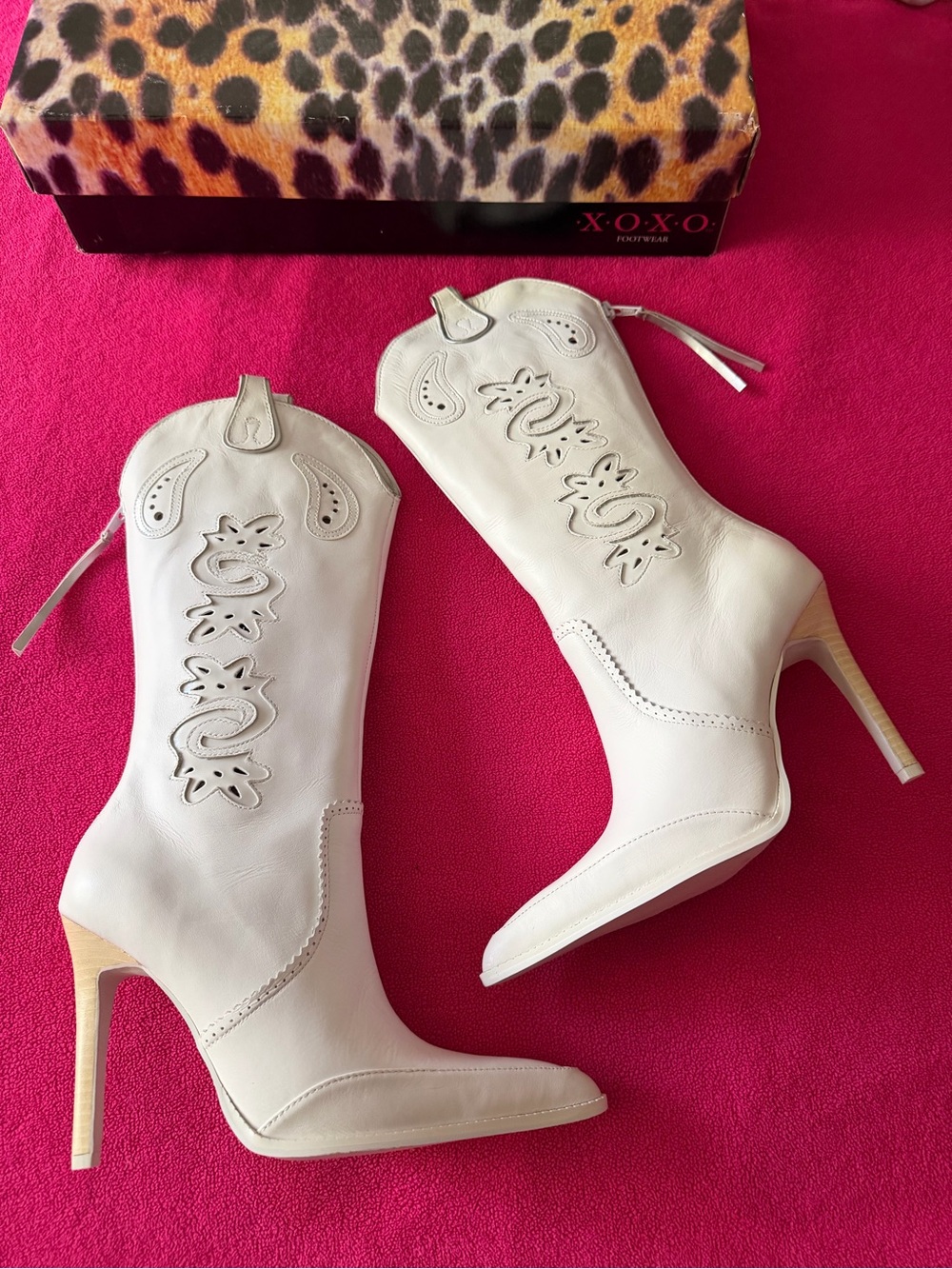 XOXO Women’s Cream Leather Western Cutout Stiletto Mid-Calf Boots